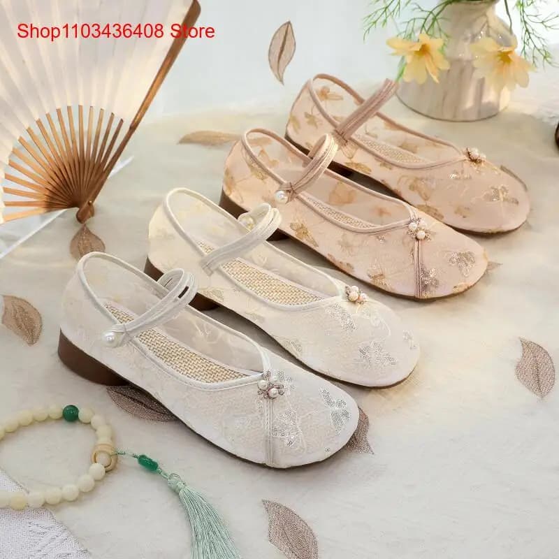 New Mesh Low Heels with Cheongsam Sequin Embroidery Ethnic Style Single Mesh Shoes Embroidered Shoes
