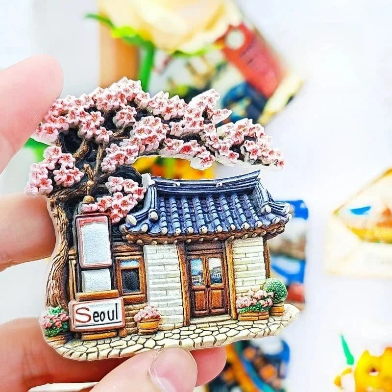 Magnete per Frigorifero Seoul Hanok Village, Magnete in Resina Rigida, Souvenir Casa Tradizionale con Tetto a Tegole Blu, Regalo Unico
