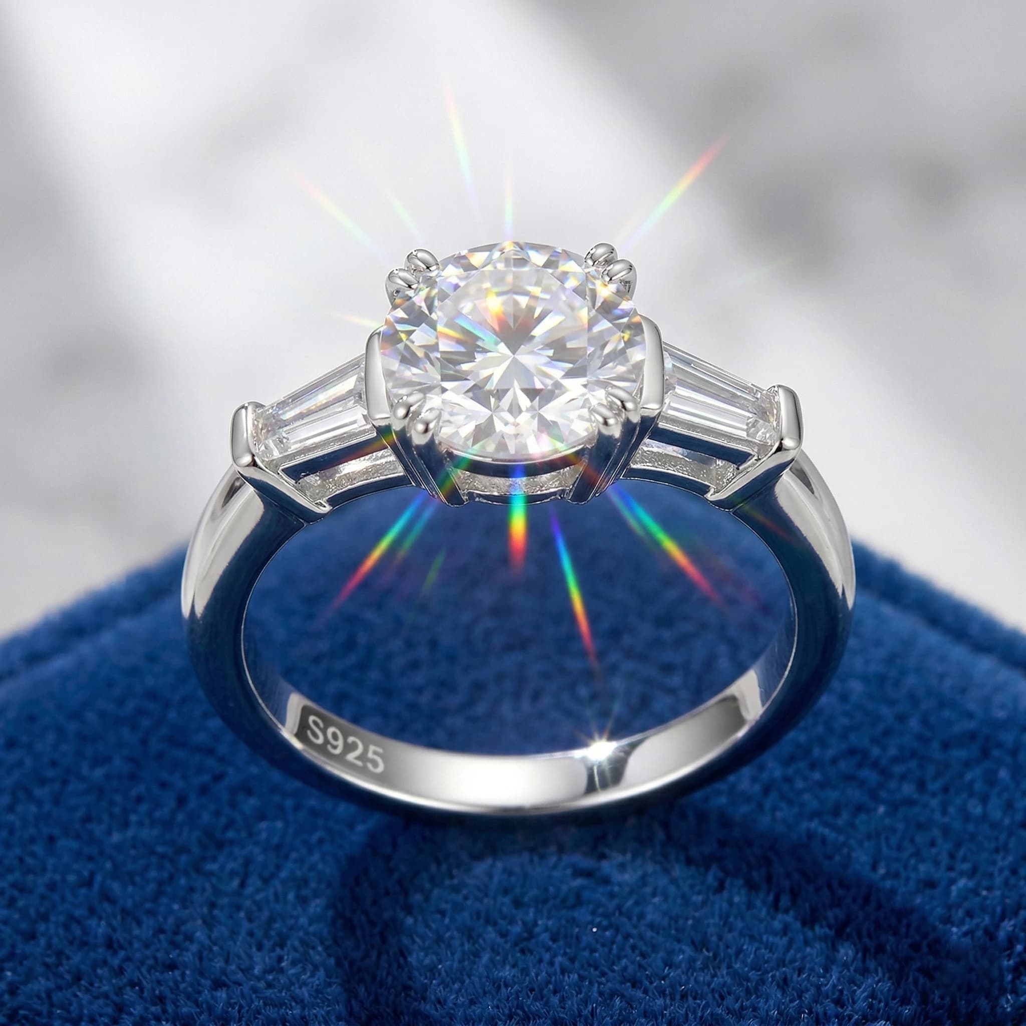 Baguette Side Stone Moissanite Ring, 925 Silver, D Color VVS1, 1ct 6 Prong, Light Luxury Engagement, Cert Quality