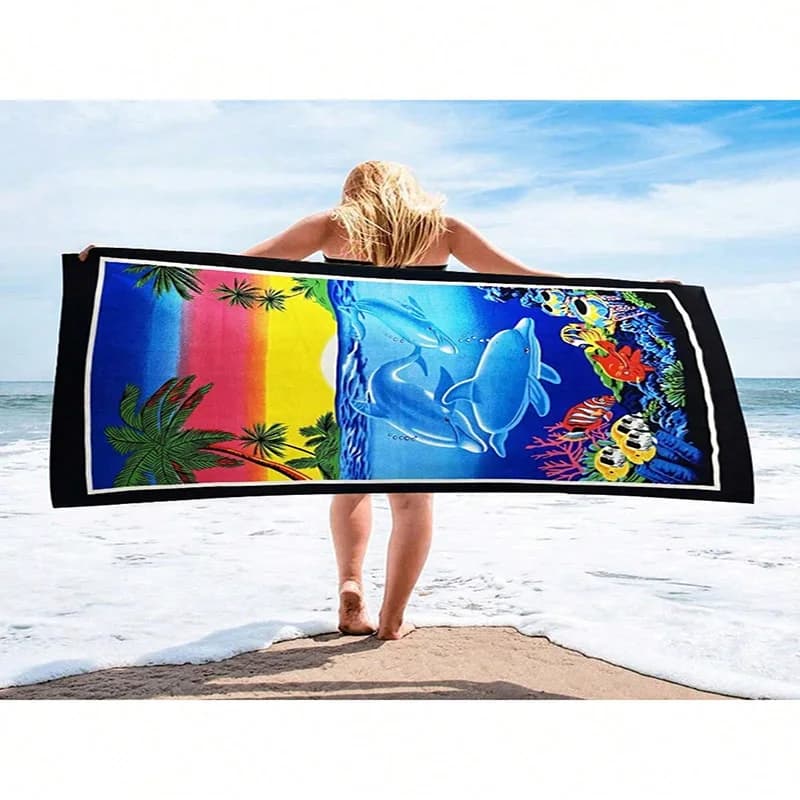 Asciugamano da spiaggia colorato con protezione solare con motivo Dolphins e Reef e antivento, adatto per piscina, campeggio, coperta da viaggio
