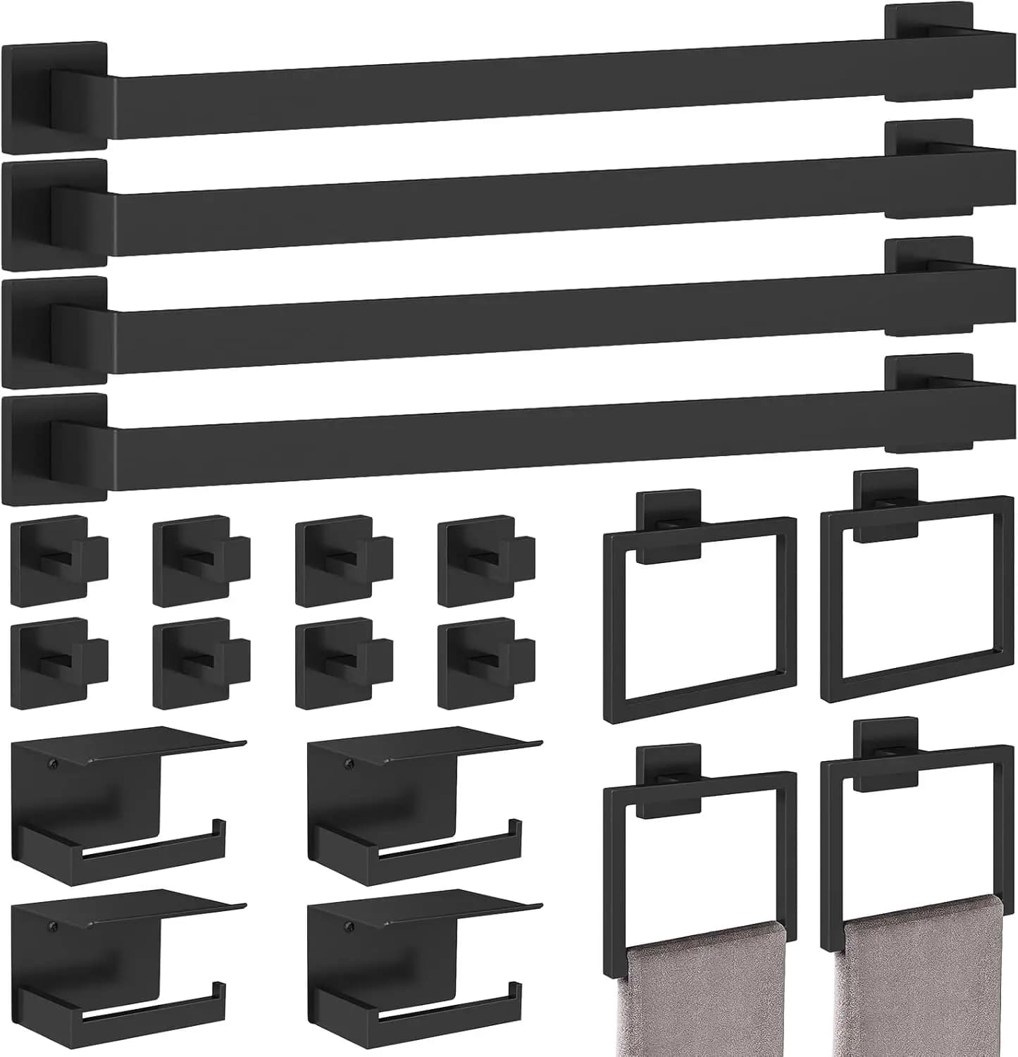 Set di accessori per il bagno nero opaco da 20 pezzi, portasciugamani da 24 pollici, portasciugamani a parete in acciaio inossidabile