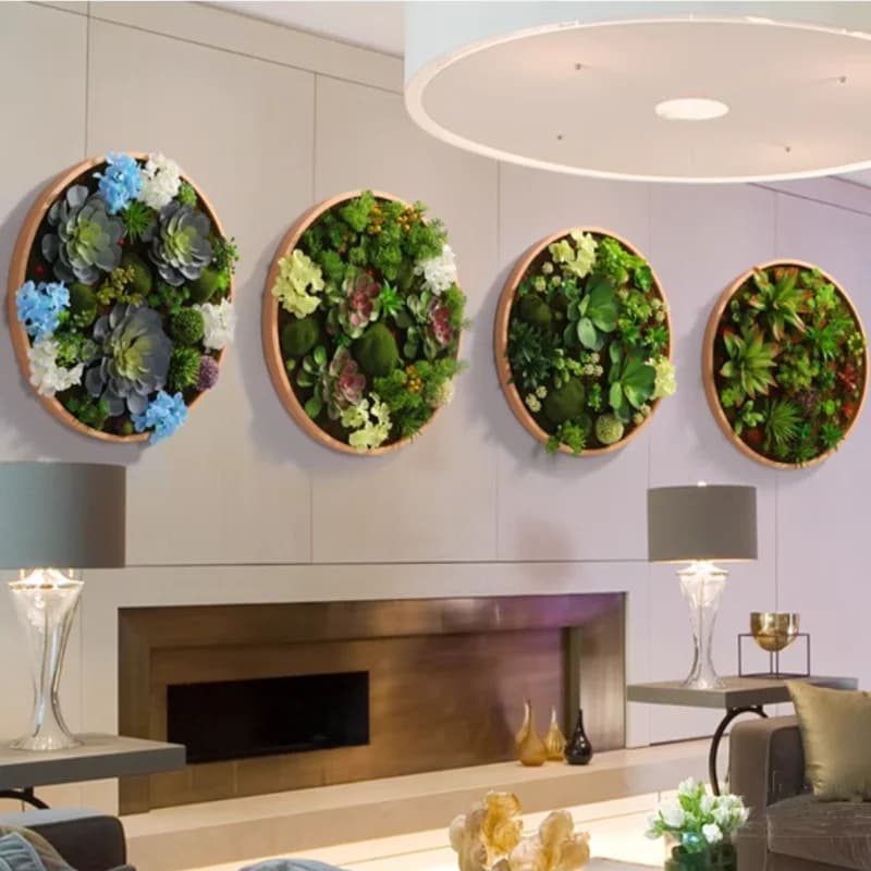 Simulazione rotonda Pianta verde carnosa Cornice appesa a parete Pianta verde Decorazione da parete Pianta di simulazione Decorazione della casa del soggiorno