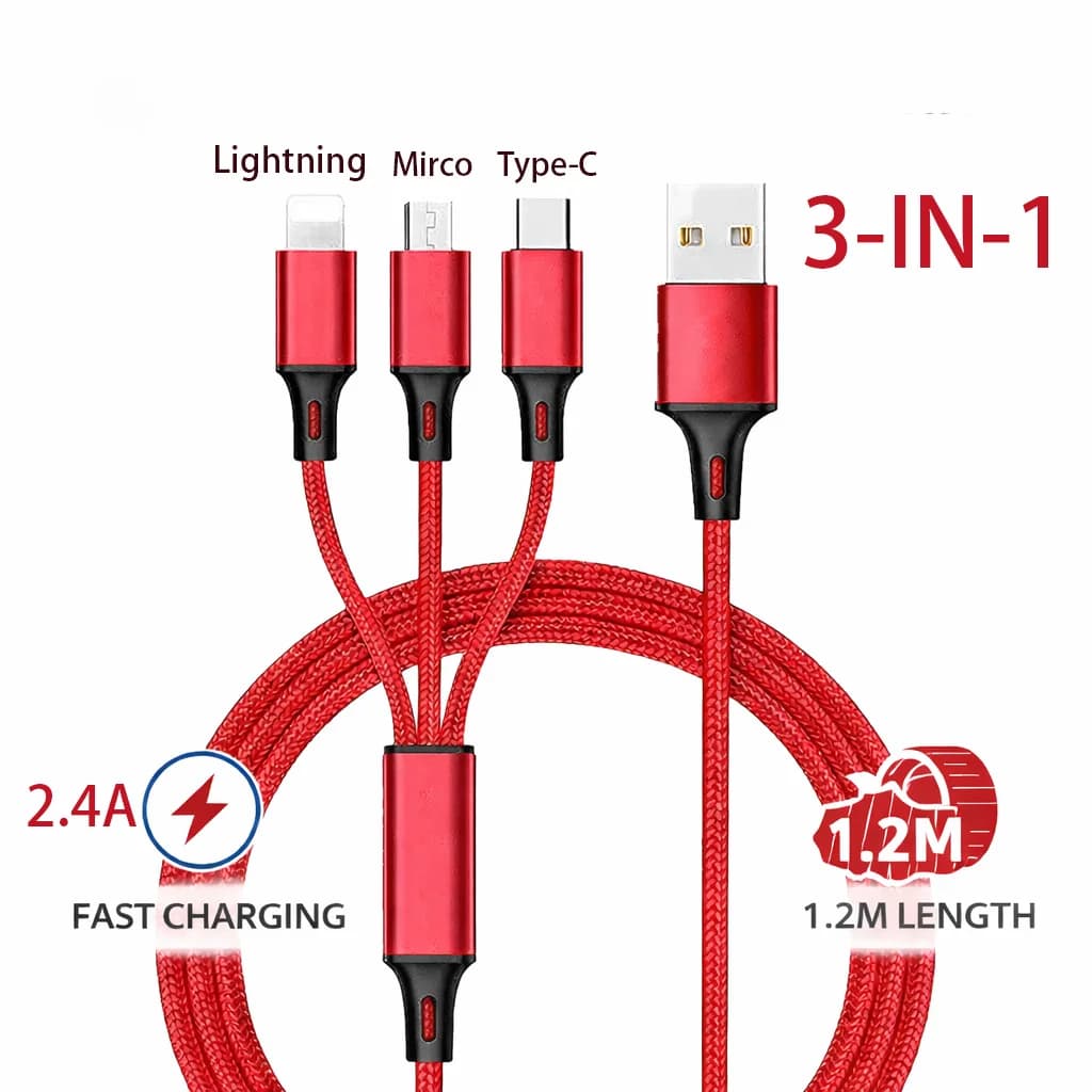 Quick charging cable 3 in 1 for iPhone, Xiaomi, USB-C, Micro USB, 1.2 m multiport USB charging cable for phones, tablets and devices