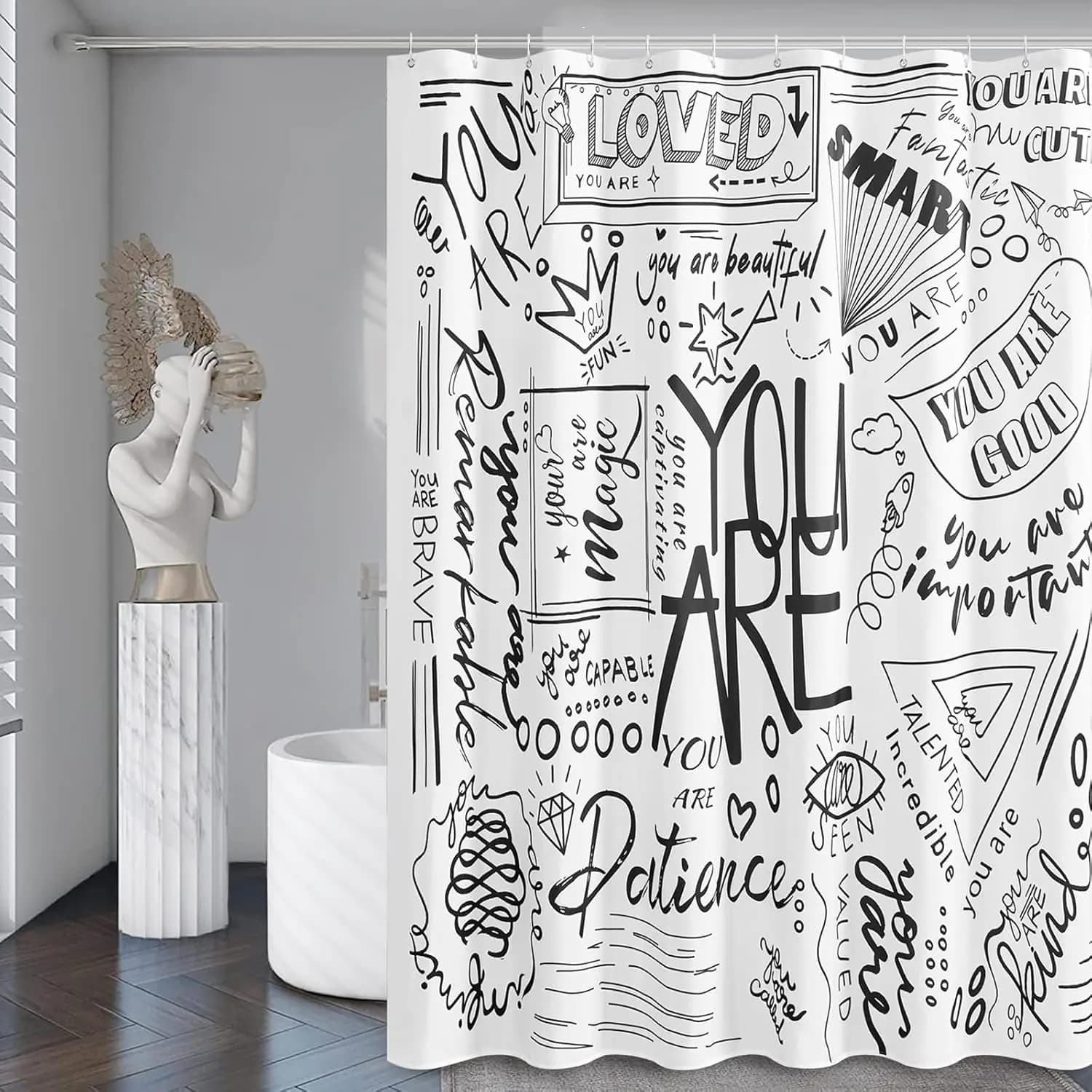 Black White Graffiti Inspirational Quote Letter Print Shower Curtain Waterproof Mildew Resistant Polyester Fabric With Plastic H