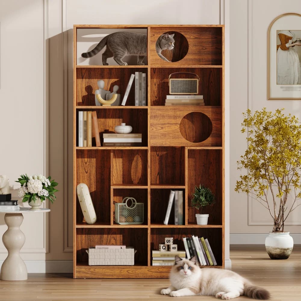 Cuccia per gatti moderna 2 IN 1 con libreria in legno, espositore con contenitore, mobiletto per lettiera e scaffale per arrampicata