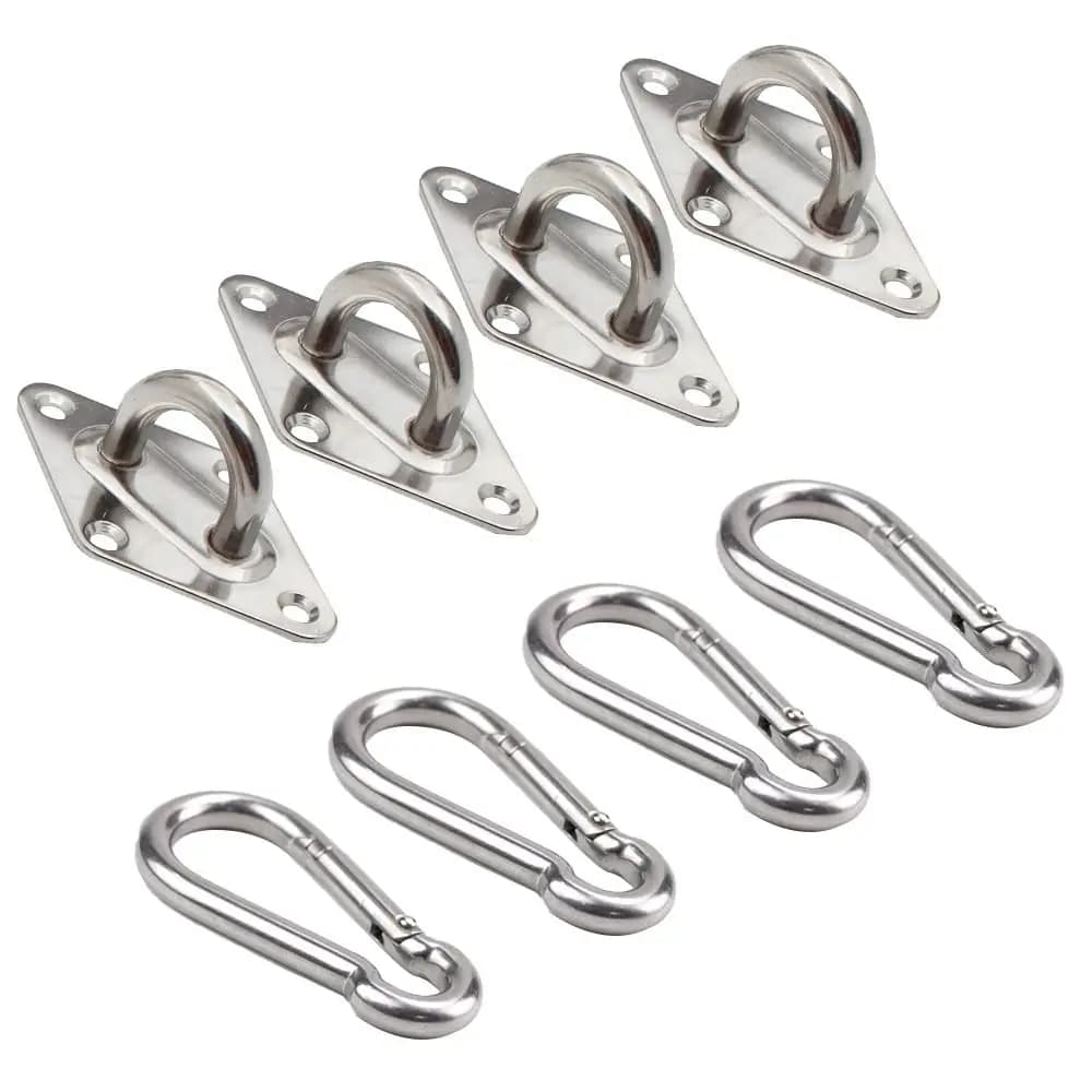 4PCS Stainless Steel Pad Eye Plates & 4PCS Carabiner Clips – Wall Mount U-Shape Hooks for Marine Hardware