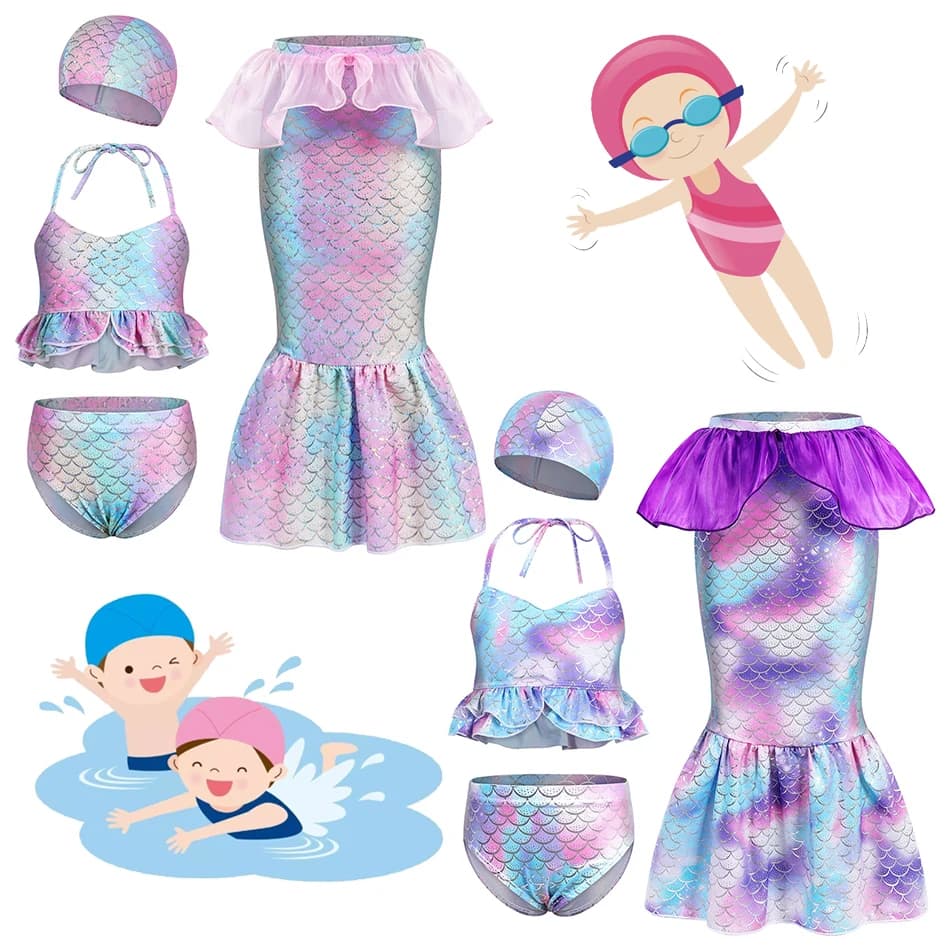 4 pieces mermaid cosplay bikini swimsuit girls braces swimwear fish tail skirt party gift set summer swimsuit for kids