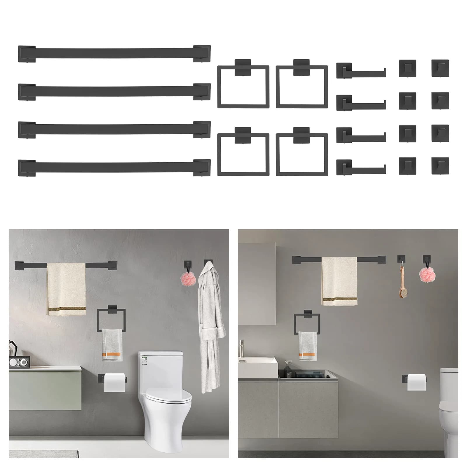 20Pcs Bathroom Hardware Set 201 Stainless Steel Wall Mount Towel Bar Ring Toilet Paper Holder Hook Modern Black Silver Bath Accessories Kit