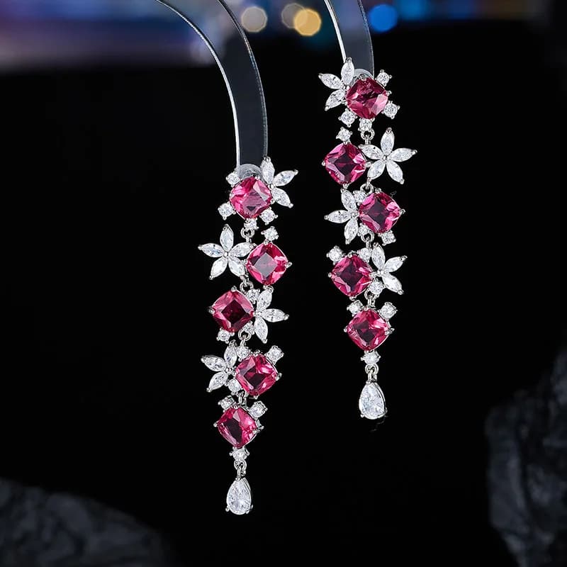 orecchini pendenti lunghi da donna rosa fucsia zirconi bianchi fiore foglia pianta orecchini pendenti cena festa gioielli da indossare ogni giorno