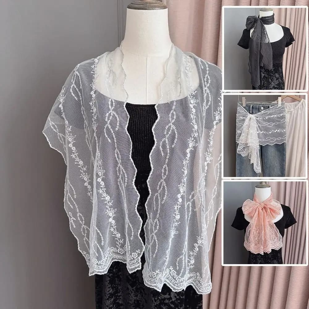 Women's Long Scarf in Lace, Unit Tint with Floral Embroidery, Collo Protection, Sunshade Scarf, Female Accessories
