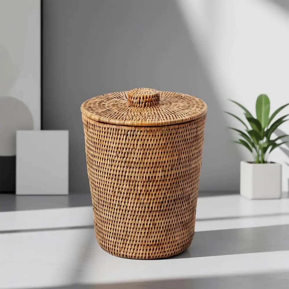 Cestino Rotondo in Rattan con Coperchio e Inserto in Plastica, 2 Galloni, Adatto per Arredamento Casa e Varie Stanze