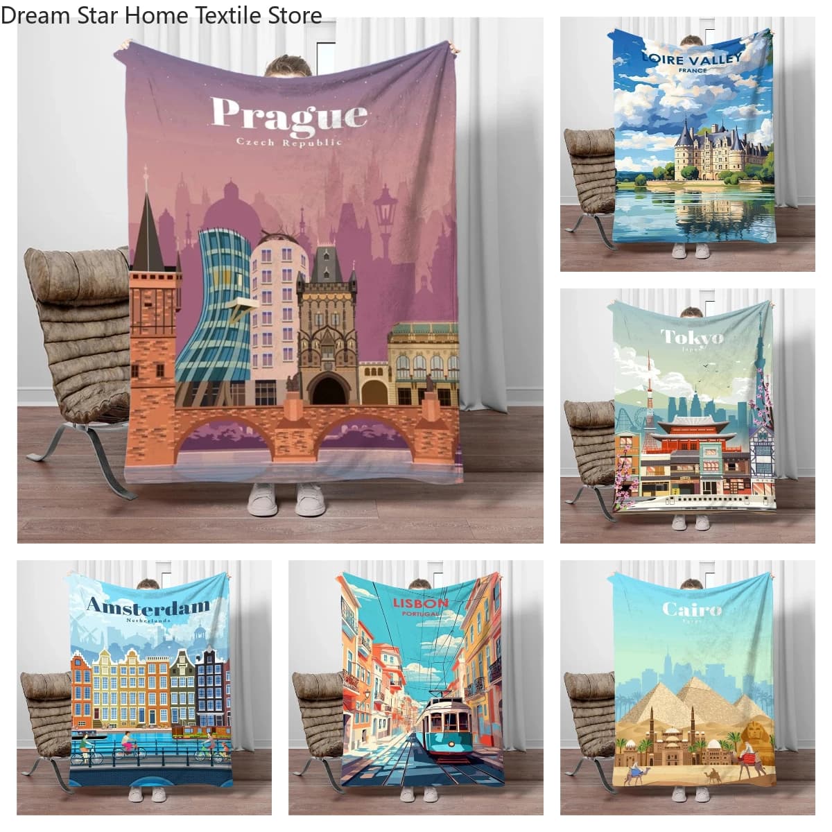 Coperta in flanella con paesaggio urbano, coperta calda e morbida per bambini, adatta per divano, letto, ufficio, ideale come regalo o souvenir di compleanno.