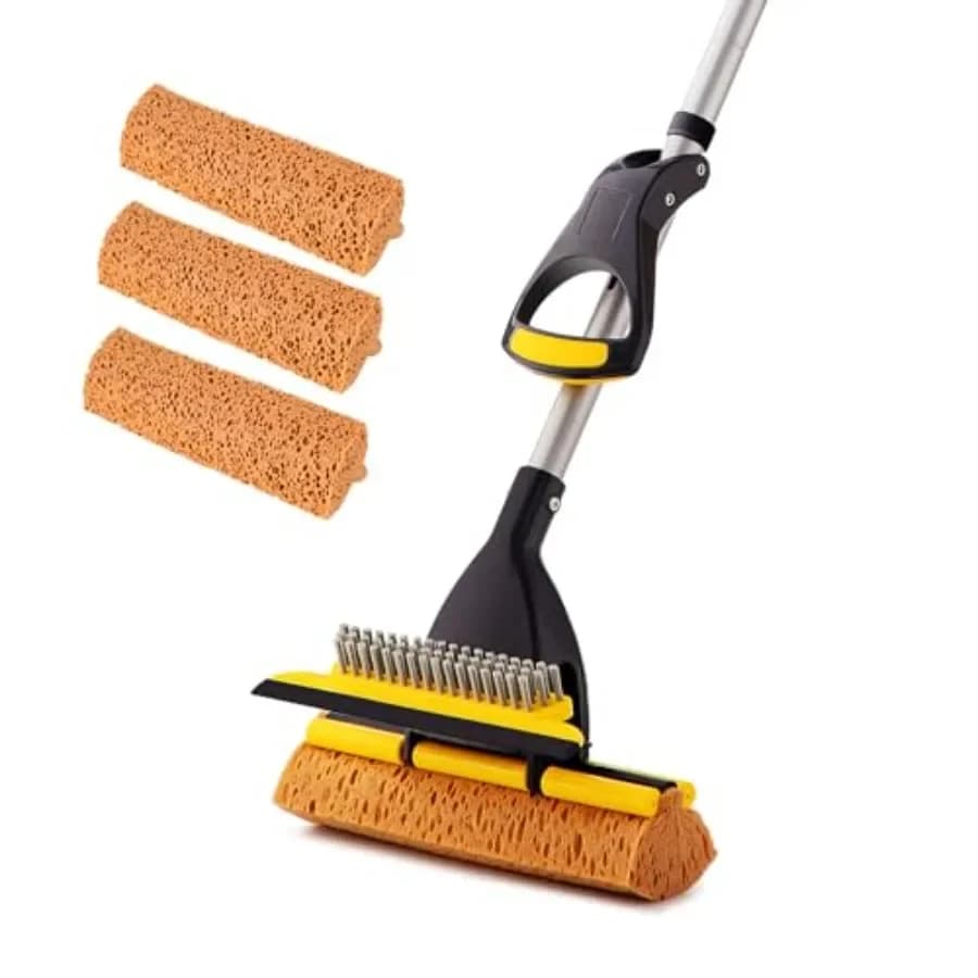 Mop in Spugna per Uso Domestico e Commerciale, per Pulizia di Piastrelle, Bagno, Garage, con 3 Teste in Spugna, Tergipavimento e Manico Telescopico Allungabile