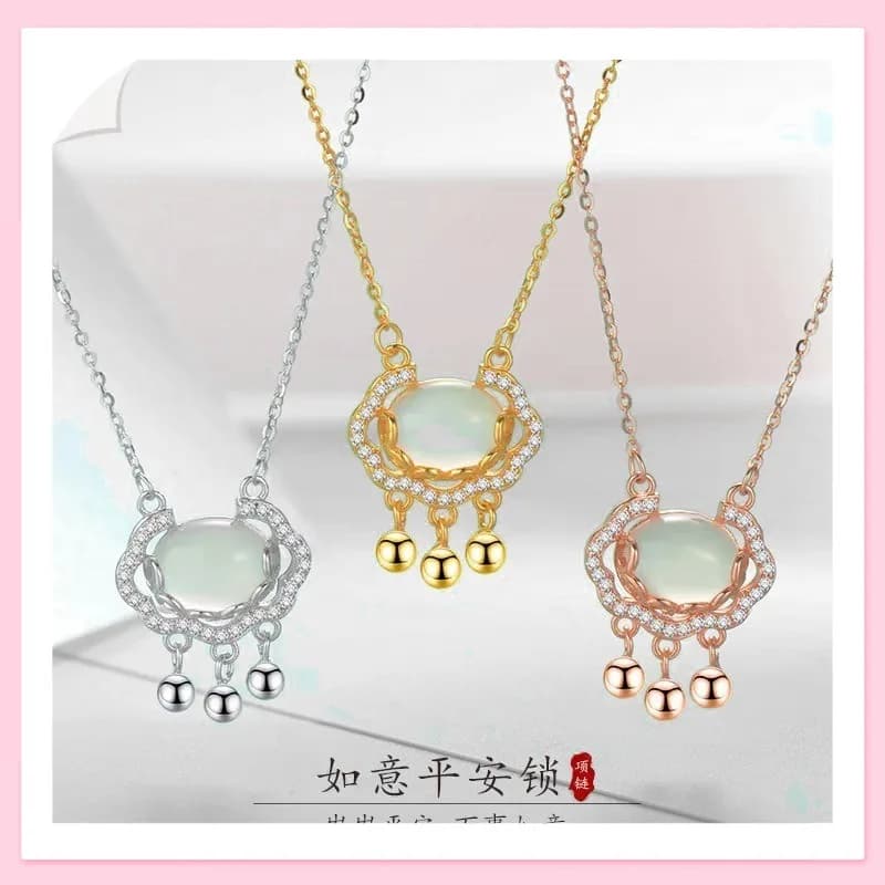 Collana con ciondolo Ruyi in giada Hetian, collana da donna con ciondolo Ruyi a forma di lucchetto di sicurezza, stile nazionale, ciondolo a forma di lucchetto della lunga vita, collana in giada placcata oro