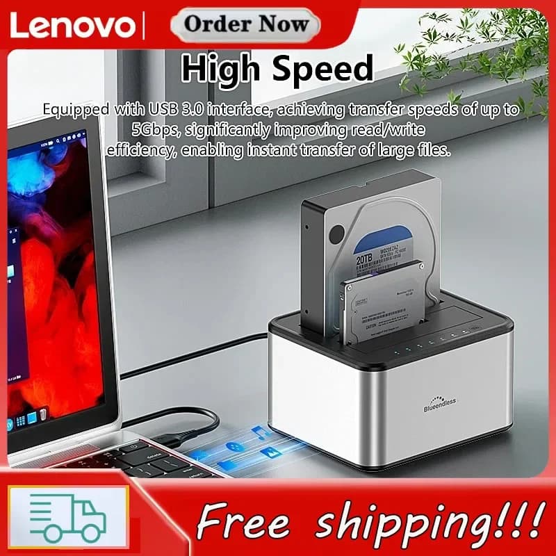 Docking Station Lenovo Dual Bay per HDD/SSD, Case per Clonazione Offline, Adattatore SATA a USB 3.0, Duplicatore per Dischi SSD/HDD da 2.5 e 3.5 Pollici