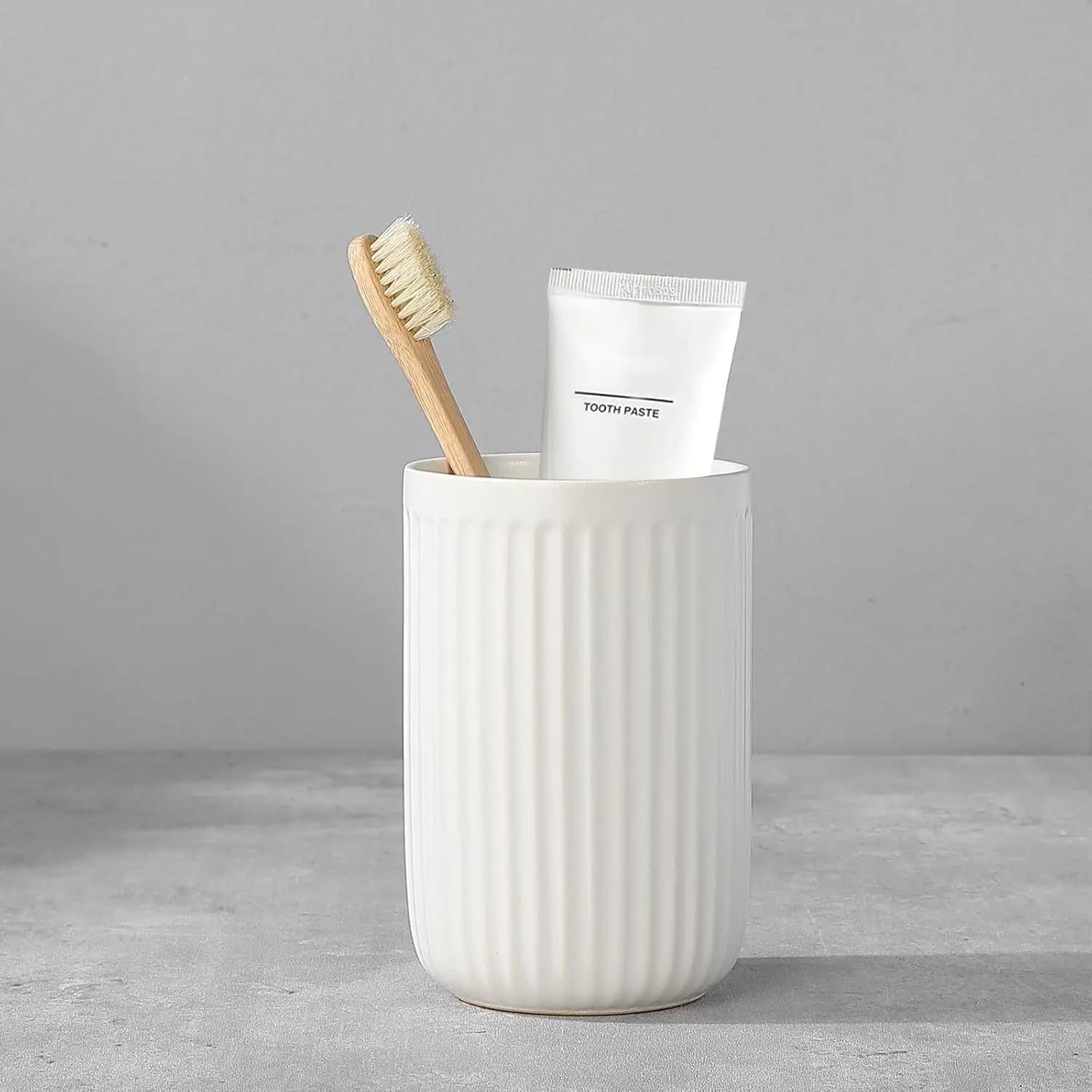 Portaspazzolino in Ceramica per Bagno - Porta Dentifricio con 1 Bicchiere, Bicchiere Bianco per Organizzazione del Piano di Lavoro