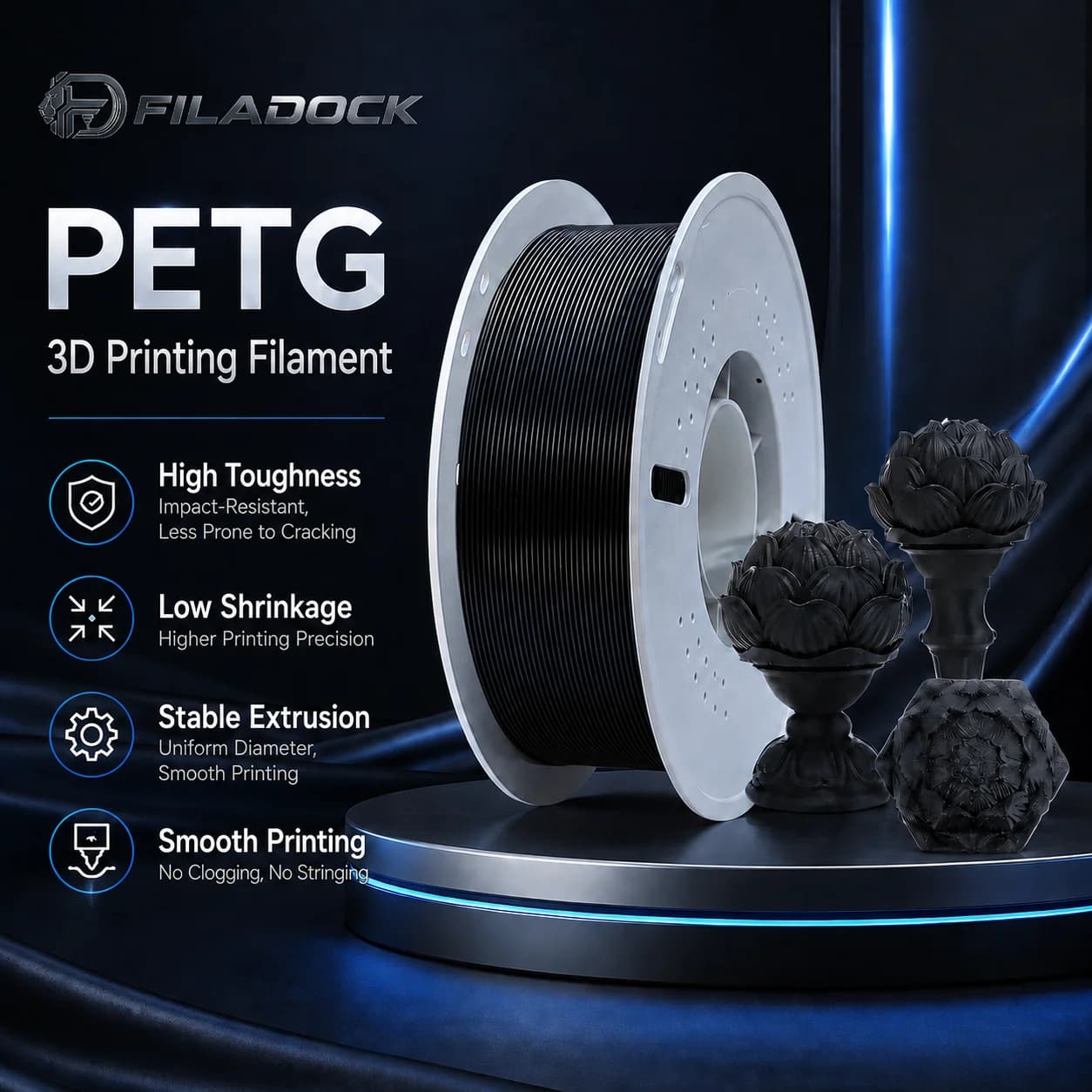 Filadock PETG Filament 1.75mm 1KG Easy to Print Strong Tough Low Odor 3D Printer Filament for FDM 3D Printers