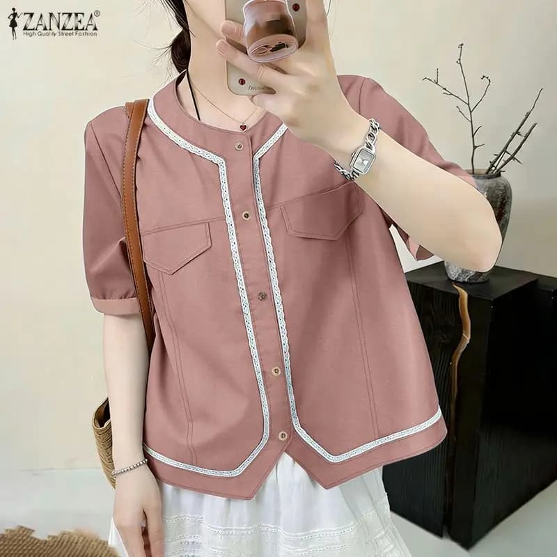 Women's Daily Casual False-Denim Shirts O-Neck Short Sleeve Lace Trim Loose Button Up Tops ZANZEA 2026 Summer Chemises Femme