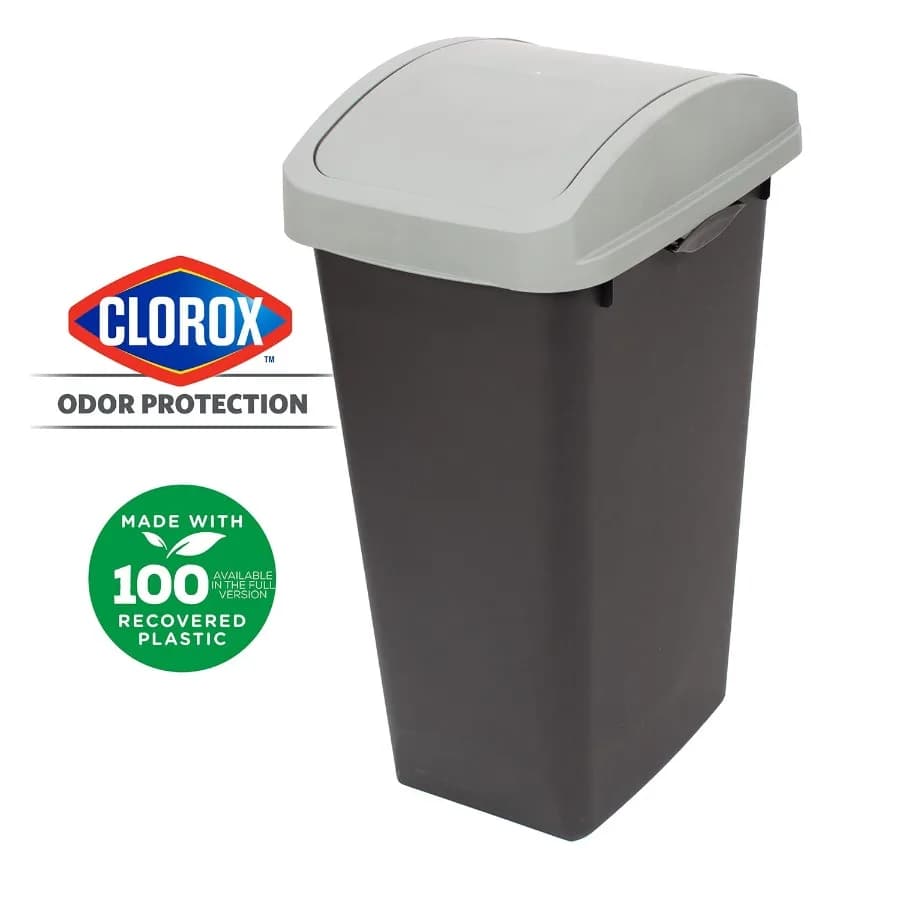 Kitchen Trash Can 12 Gallon Plastic Garbage Bin with Swing Top Lid and Recycle Sticker Grey
