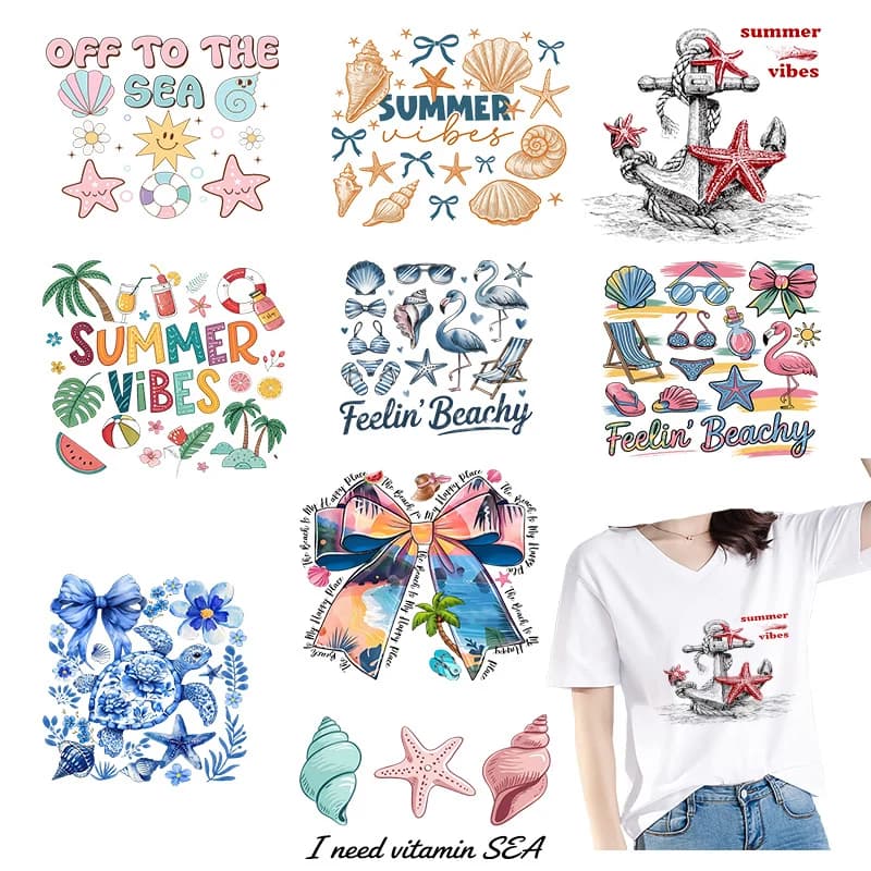 22 cm stile estivo conchiglia barca ancora stampa a trasferimento termico T-shirt borsa di tela decorazione fai da te adesivo termoadesivo