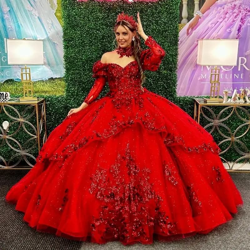 Lorencia Rosso Lucido con Spalle Scoperte Abito Quinceanera Ruffles Appliques Perline di Pizzo Manica Lunga Dolce 16 Abiti Da 15 Anos YQD476