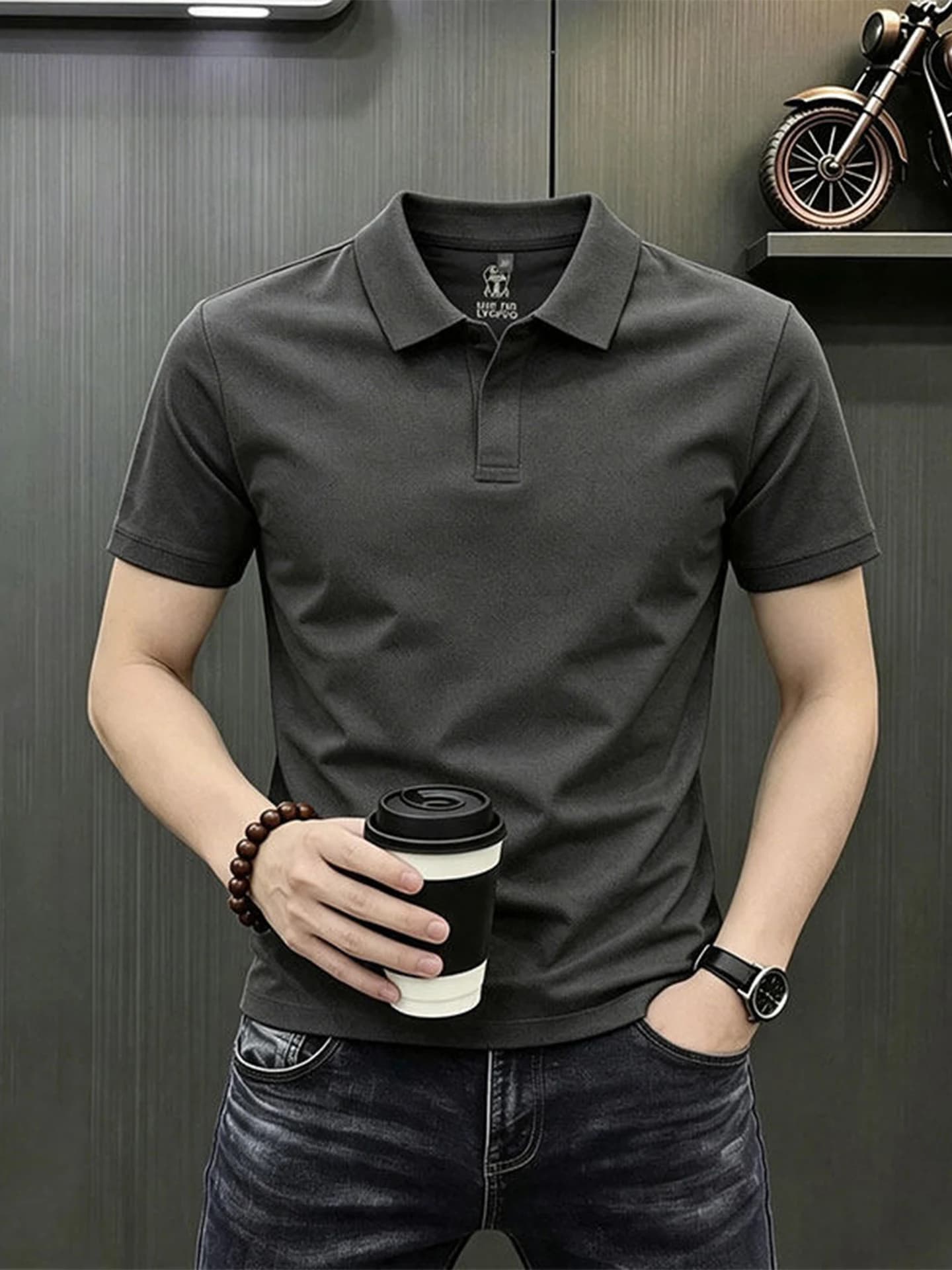 Slim Fit Short Sleeve Shirt Deep Grey Fashionable Urban Style Summer T-Shirt Cleanfit Shoulder Flip Collar Half Sleeve Top