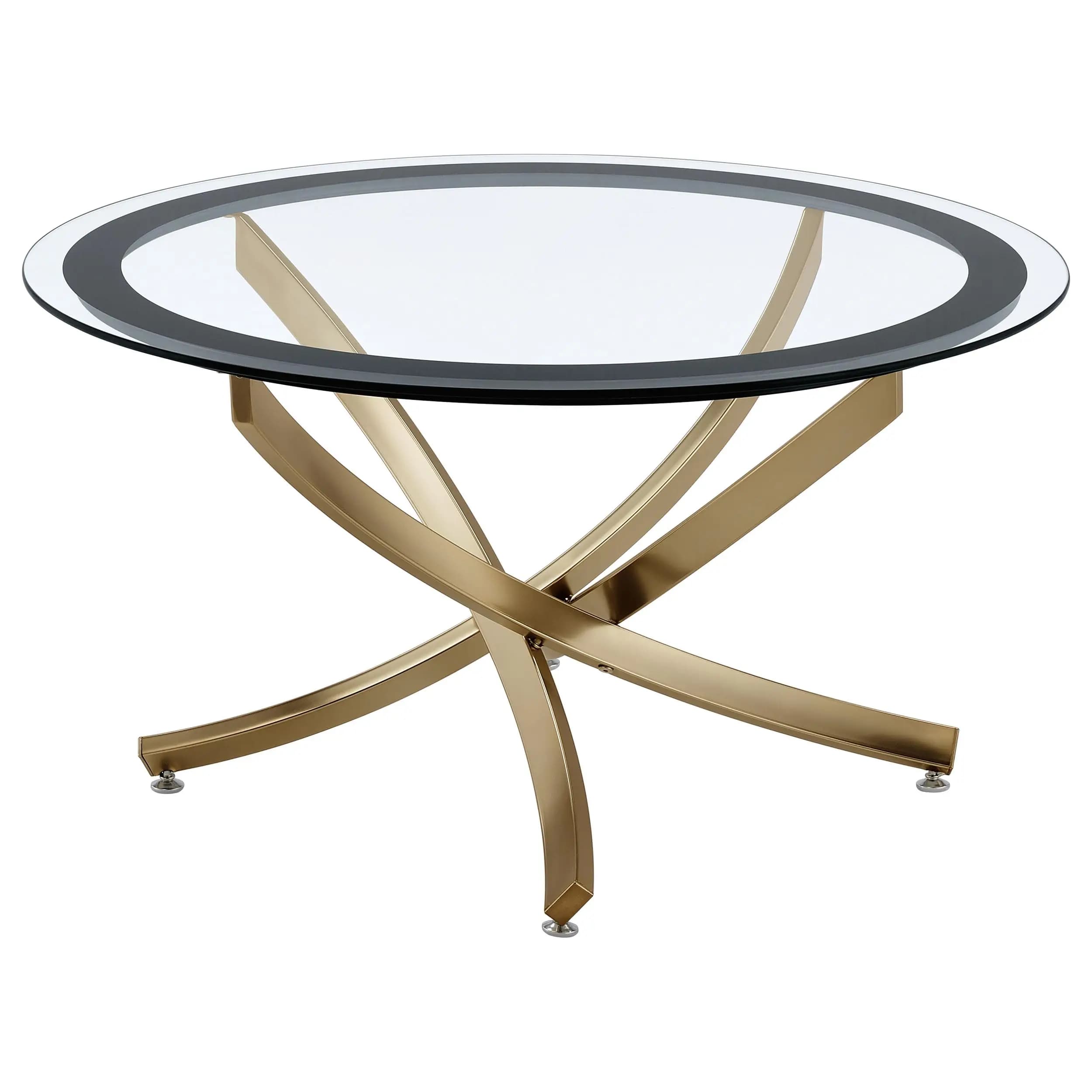 Round Coffee Table With Clear Glass Top And Crisscross Metal Legs Black Trim 35.5 Inch