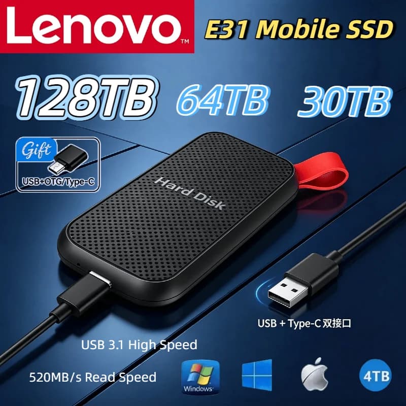 Lenovo E31 SSD Portatile 1TB 4TB 8TB USB 3.1, Disco Rigido Esterno ad Alta Velocità per Laptop, PS5, Telefono, Backup per Gaming