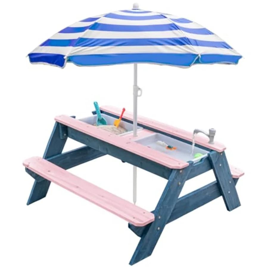 Tavolo 3-in-1 per sabbia e acqua per uso esterno, tavolo da picnic in legno rosa/blu navy con design convertibile, piano rimovibile, rubinetto e 2 tazze