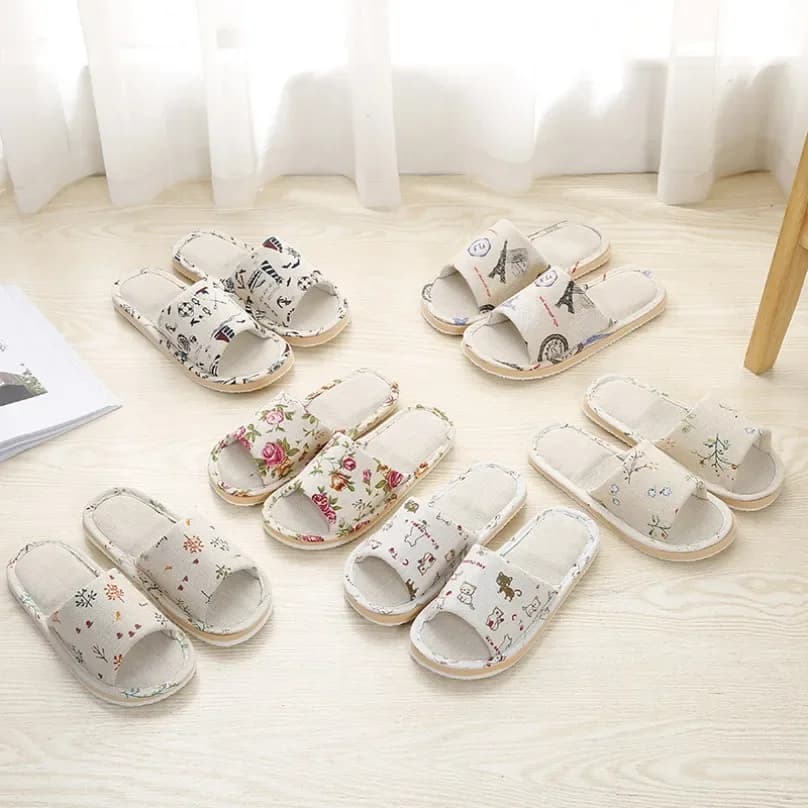 Floral Slippers Women Autumn Cute Home Linen Couples Indoor House Non Slip Funny Sandals Cartoon Cat Shoes Flat Flax Living Room