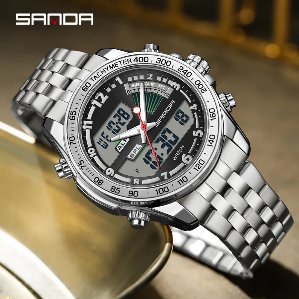 SANDA 3307 Men's Watch Fashion Elegant Multifunctional Business Round Electronic Quartz Display With Stainless Steel Strap