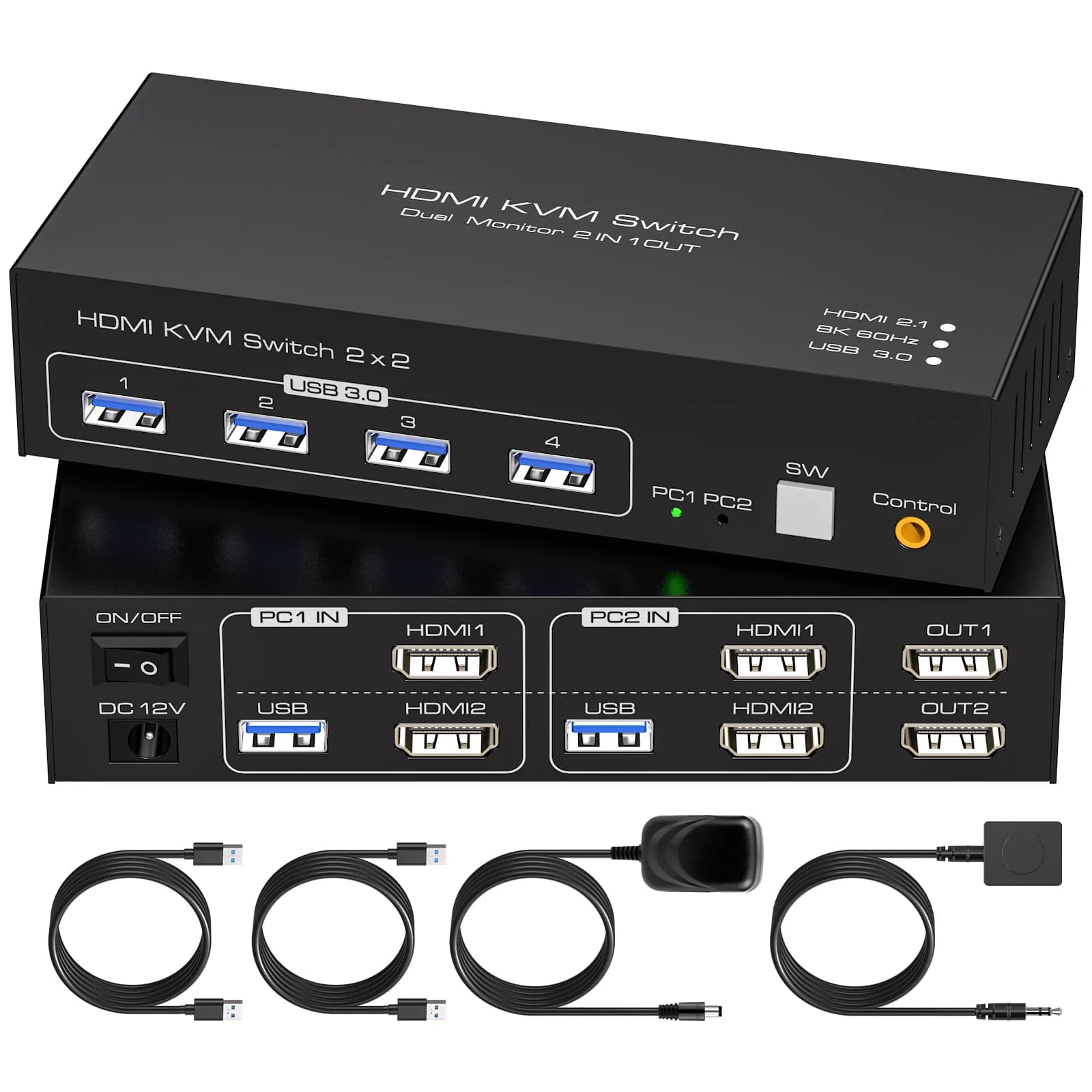 KVM switch for 2 Monitors and 2 Computers, 8K@60Hz HDMI DisplayPort, External Display, USB 3.0 Keyboard and Mouse, Compatible with Windows, Linux, Unix