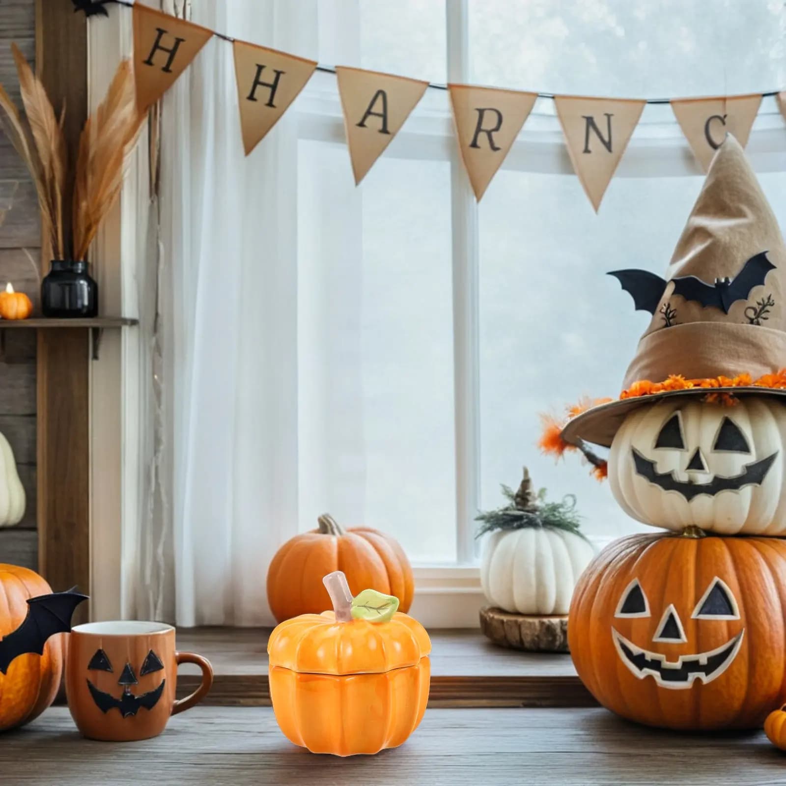 Barattolo in Ceramica a Forma di Zucca di Halloween, Contenitore Ermetico per Biscotti, Caramelle, Noci e Snack, Vaso da Cucina
