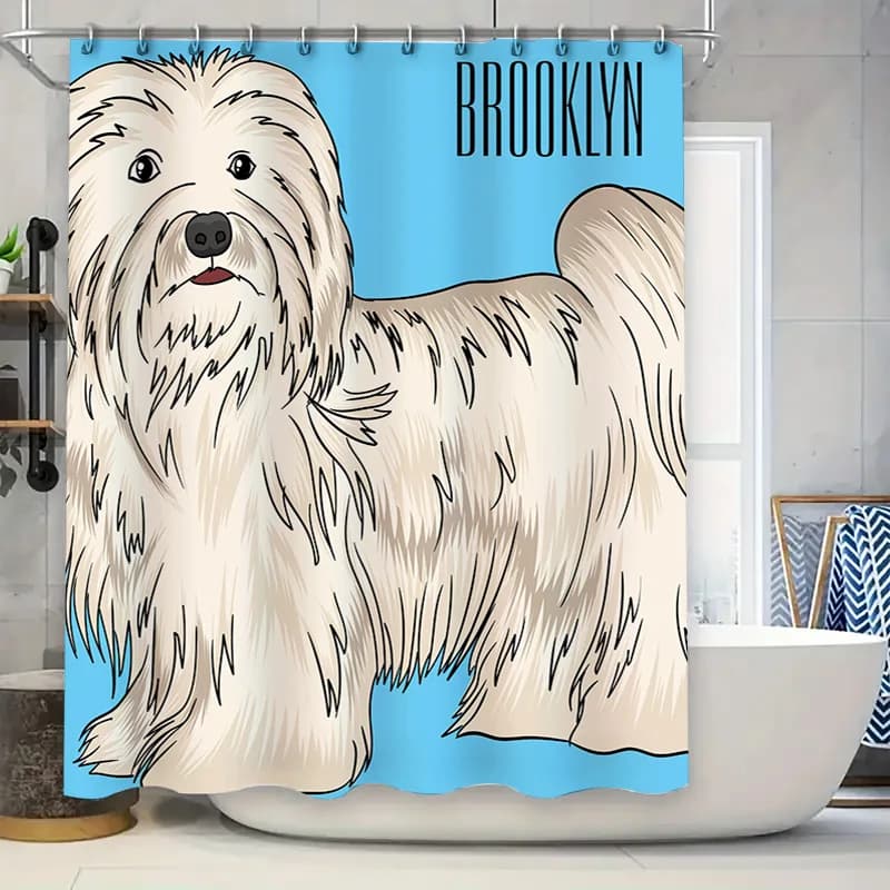 Adorabile tenda da doccia per cani Brooklyn con soffice barboncino bianco, perfetta per gli amanti degli animali domestici