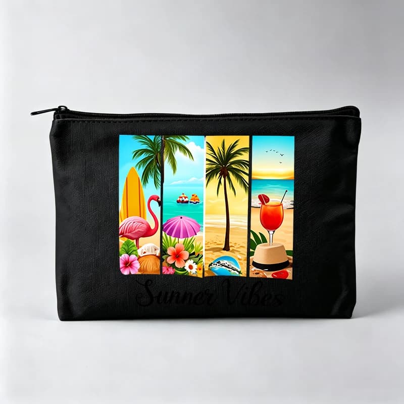 Women's Tropical Beach Scene Makeup Bag with Flamingo and Palm Tree Print, Zipper Cosmetic Pouch for Summer Travel