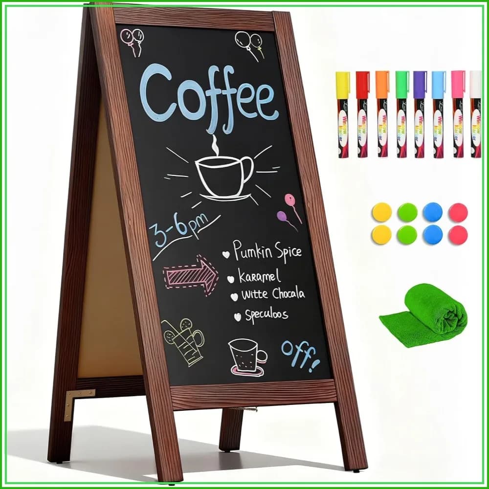 Double-Sided A-Frame Chalkboard 40x20", Solid Pine Wood, Freestanding Sandwich Board for Cafes, Restaurants, Weddings (Rustic Brown)