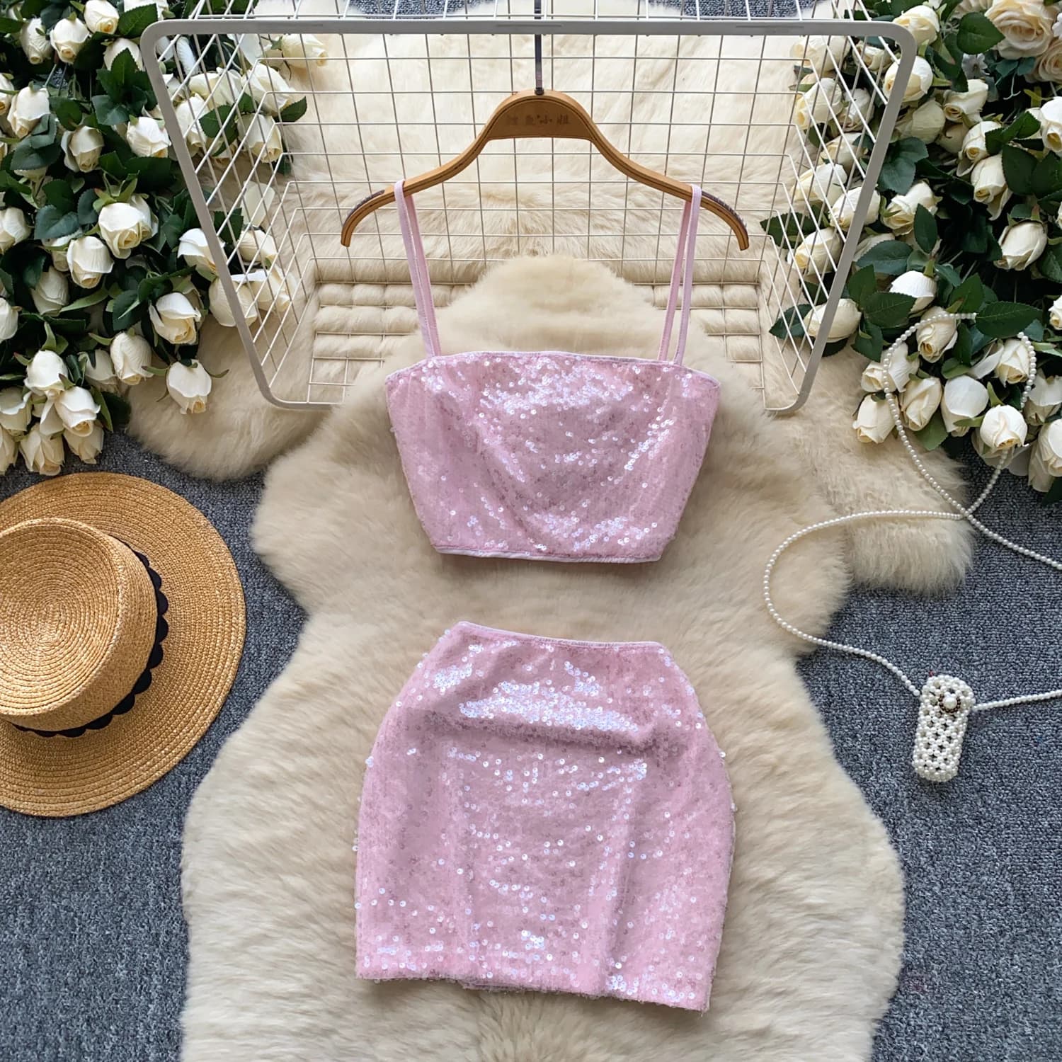Sexy Two Pieces Sets Chic sequin off shoulder Top Fashion Hotsweet High Waist Wide women clothing