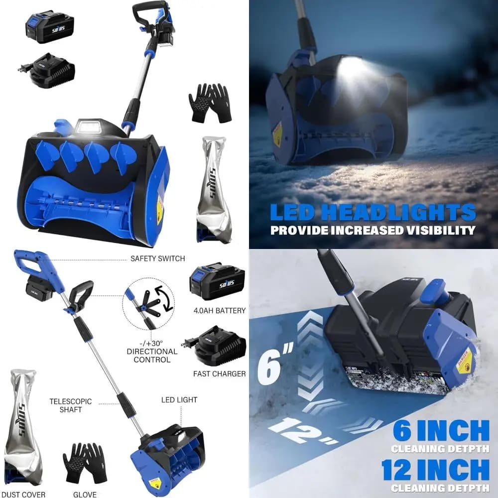 Spazzaneve elettrico a batteria da 12 pollici 20 V con luce LED, piastra direzionale, batteria 1x4,0 Ah, caricabatterie e copertura