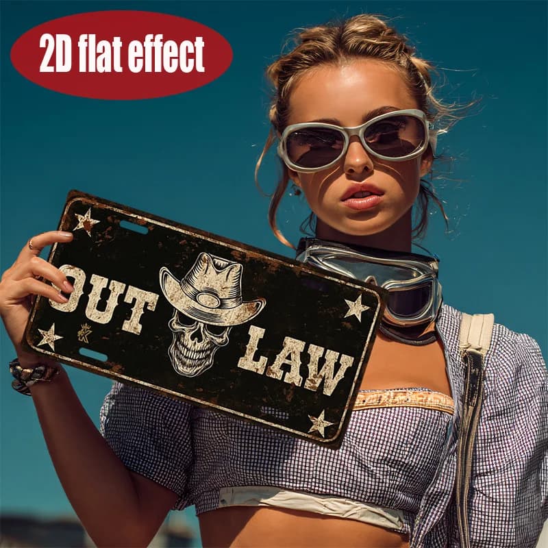 Targa in Metallo Stile Targa Automobilistica con Stampa 2D Piana Teschio da Cowboy Outlaw, Insegna Decorativa in Alluminio a Tema Western Retrò per Bar