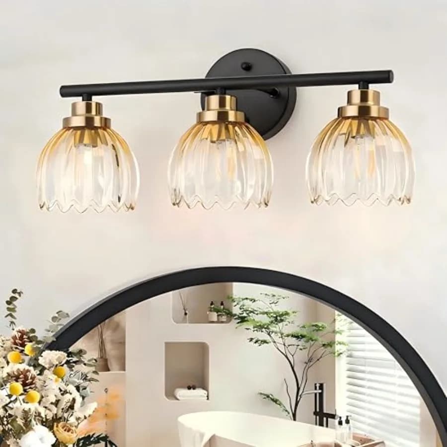 Lampade da Bagno a 3 Luci Moderne Nere e Oro, Applique da Parete Sopra Specchio con Paralumi in Vetro Ambrato Sfumato a Tulipano