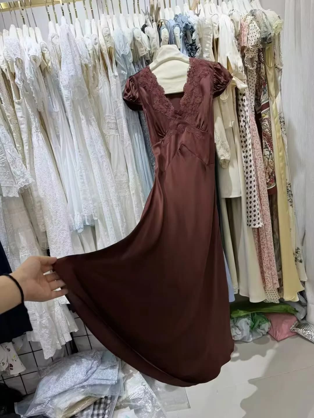 Lace Patchwork Women's Brown Maxi Dress Embroidery V-Neck Short Sleeve High Waist Elegant 100% Silk Robe