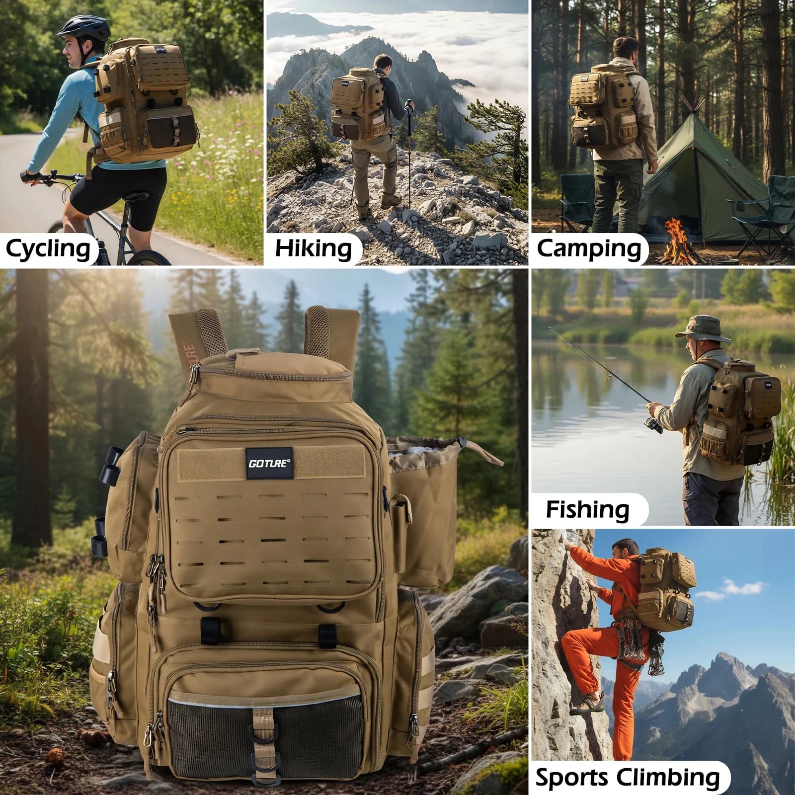 Goture New set of 58 liters detachable fishing bags, regular/isolated, with 4 boxes for 900D water repellent equipment, cozy outdoor fishing bag