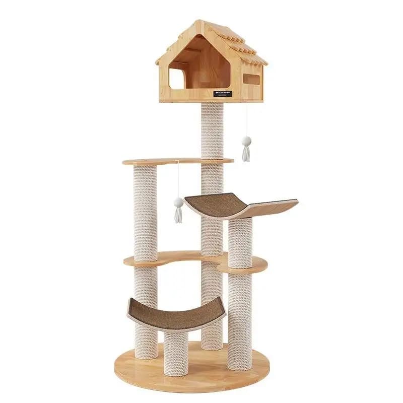 Large Solid Wood Cat Tree with Space Capsule Integrated Climbing Shelf & Scratch Board