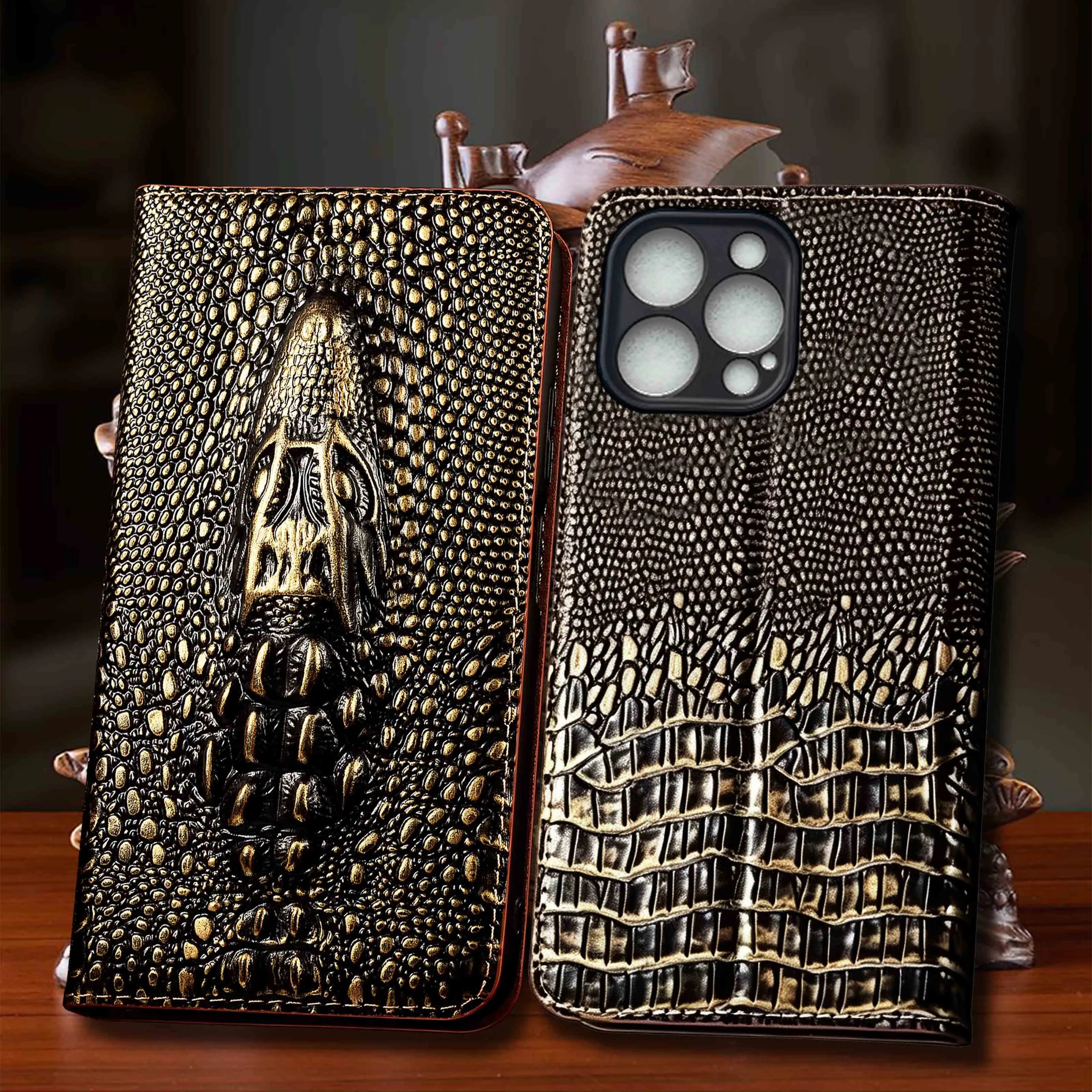 Vintage Crocodile Head Genuine Leather Flip Case For Apple iphone X XS XR 11 12 13 14 15 16 16e 17 Pro Max Plus Air Mini Wallet