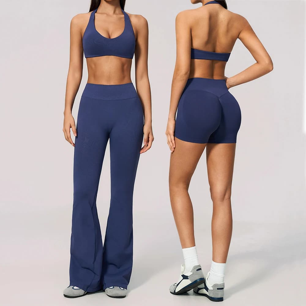 Women Seamless Ribbed 2 Piece Yoga Set Halter Bra Scrunch Butt Pants Shorts Fitness Pilates Gym Yoga Slothing Workout Training