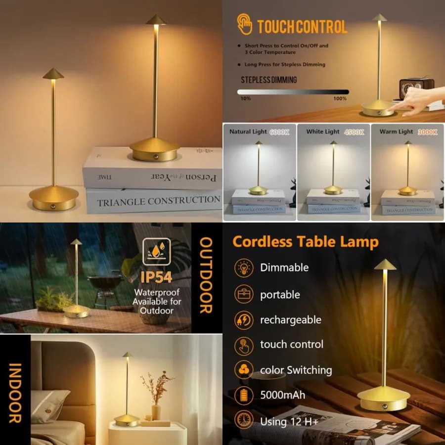 Set di 2 Lampade da Tavolo Senza Fili, Lampada da Scrivania LED Ricaricabile con Batteria da 5000mAh, Lampade da Tavolo Portatili con Dimmer Touch per Esterni, 3