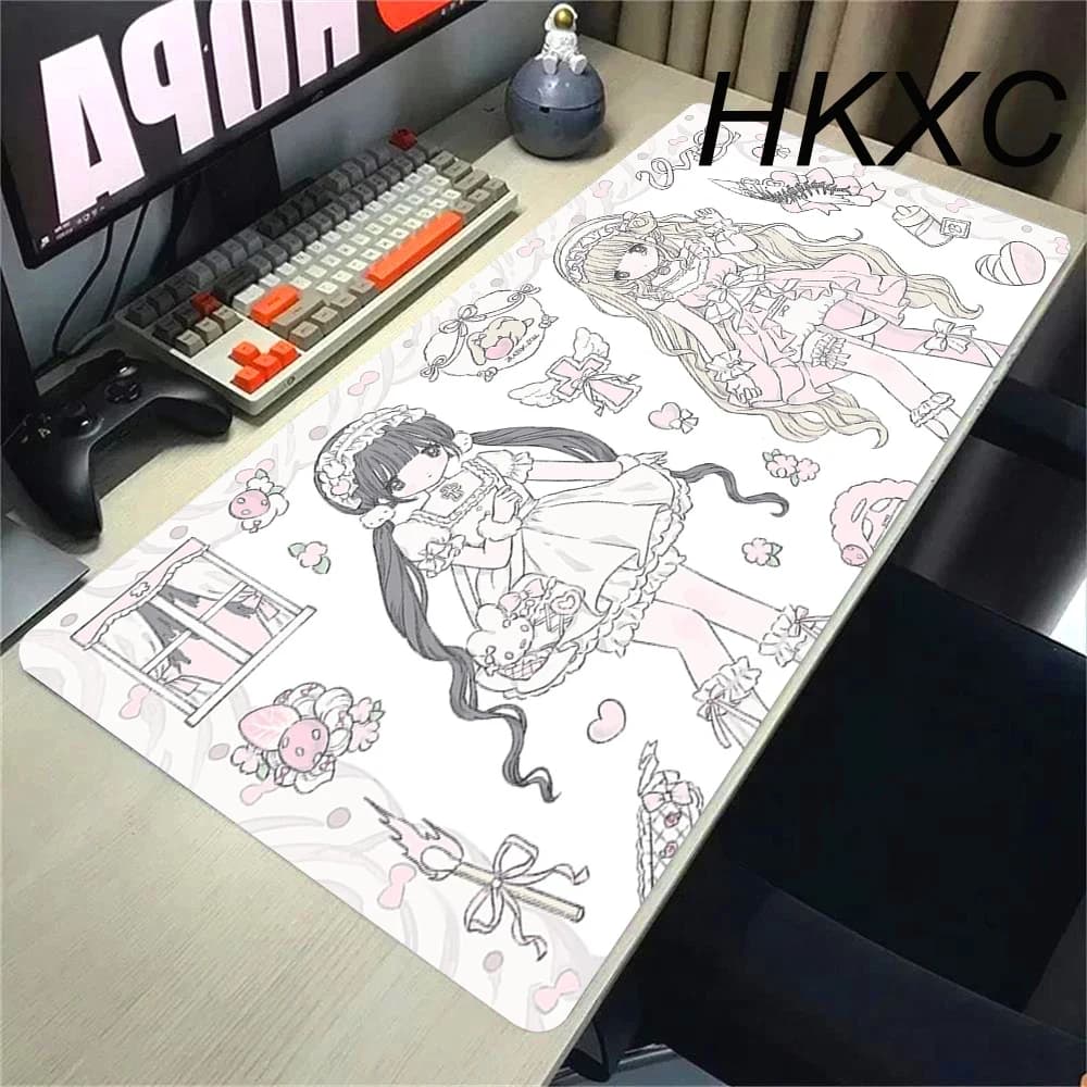 Tappetino per Mouse da Gaming PC Kawaii Anime Carino con Ragazze Angelo, Tappetino XXL Esteso per Laptop e Tastiera, Tappeto Rosa