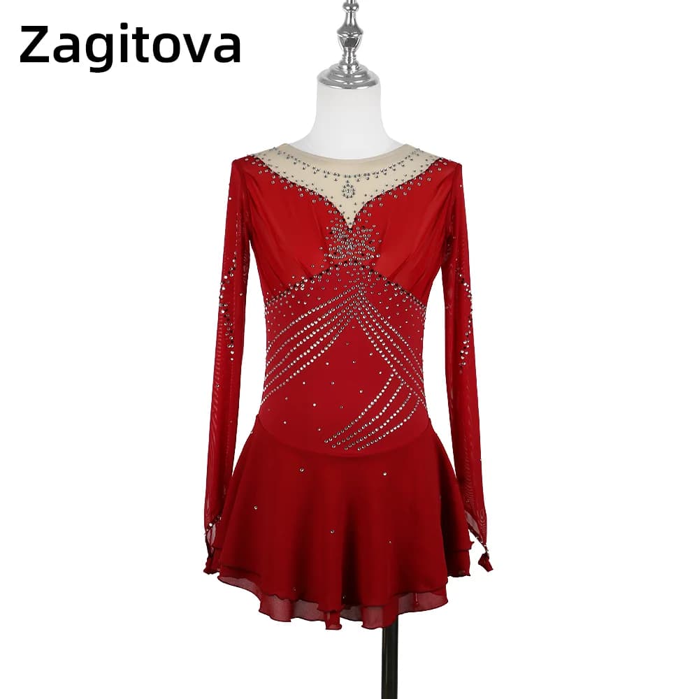Zagitova Abito da pattinaggio di figura Gonna da pattinaggio su ghiaccio per donna e ragazza Gonna da competizione in rete con strass