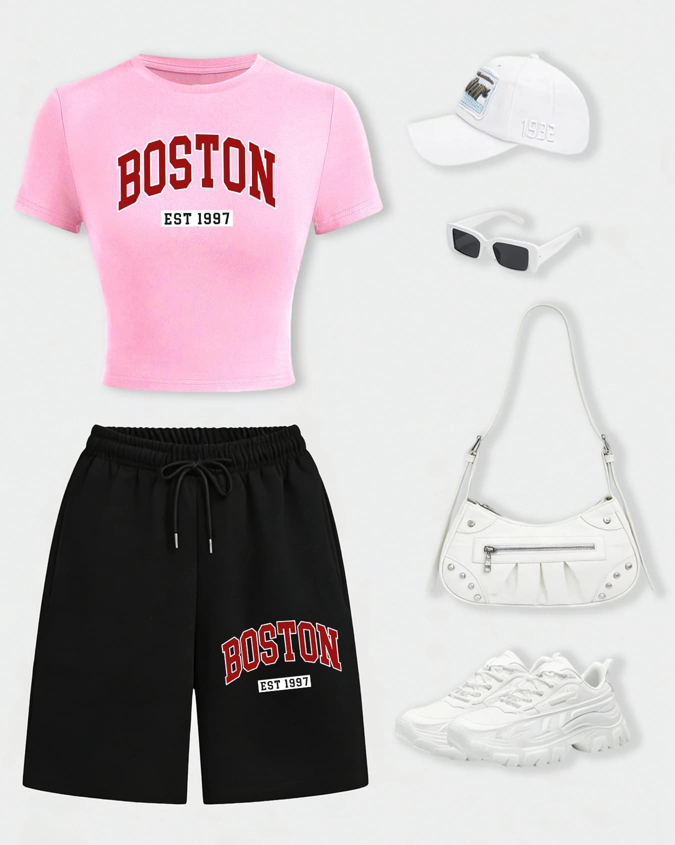 Set T-shirts and Shorts Larghi con Coulisse Boston Letter Est 1997 by Donna, Summer, with Pockets, Black, in Breathable Cotton