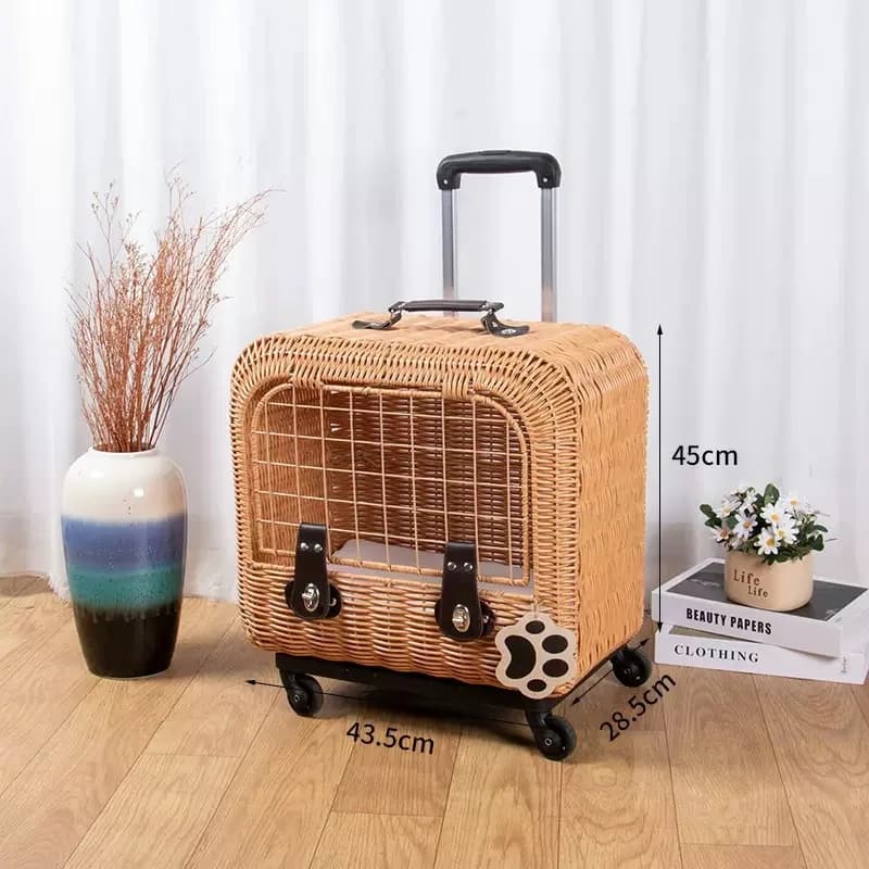 Rattan cat bag trolley case portable pet travel case cat litter car travel creative portable cat cage